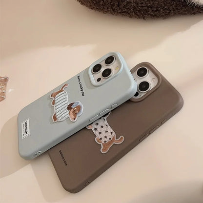 Cute Brown Blue Pink Phone Cases for iPhone 16 Plus Pro Max 15 14 13 12 Cartoon Embroidery Puppy Protective Phone Covers