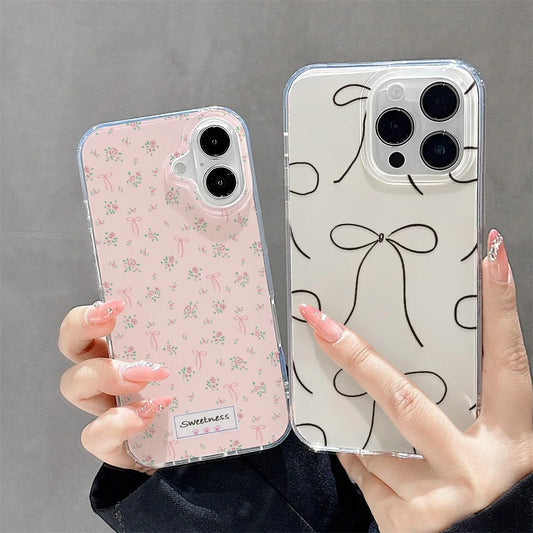 Cute Bow Phone Case For iPhone 16 Pro Case iPhone 13 15 11 12 14 Pro Max Shockproof Bumper Glossy Soft IMD Cover Funda Cases