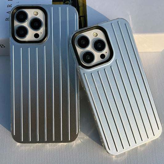 Stylish Business Luggage Phone Case For iPhone 16 15 14 13 12 11 Pro Max 16Plus 15Pro 14Plus Cover Hard 3D Stripe Silver Case