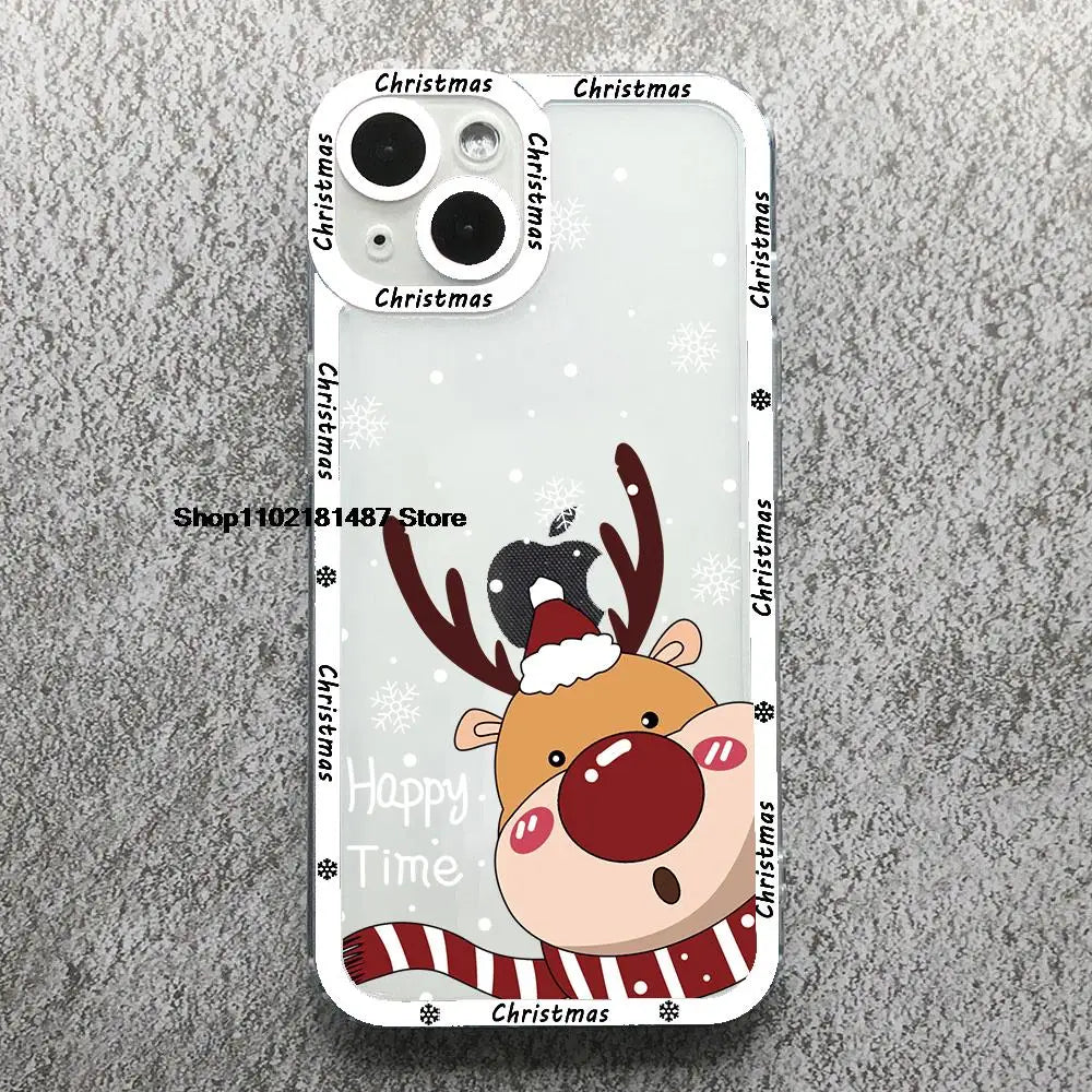 Cartoon New Year Christmas Phone Case For iPhone 13 12 11 14 15 16 17 Pro Max 16Plus 17AIR Cute elk santa Clear Soft bumper Case