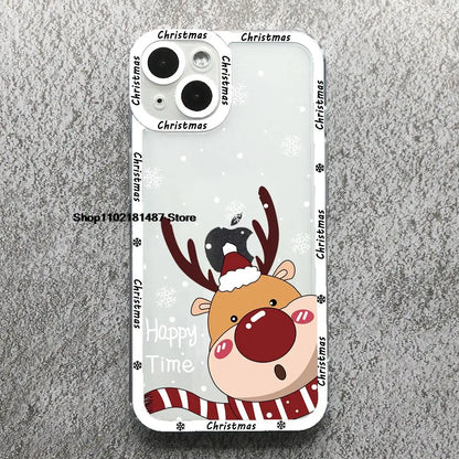 Cartoon New Year Christmas Phone Case For iPhone 13 12 11 14 15 16 17 Pro Max 16Plus 17AIR Cute elk santa Clear Soft bumper Case