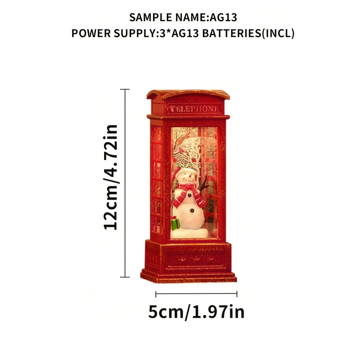 Christmas Phone Booth Decoration with Santa Claus, Snowman & Tree - Red Retro Telephone Booth Ornament With Light Home Decorator