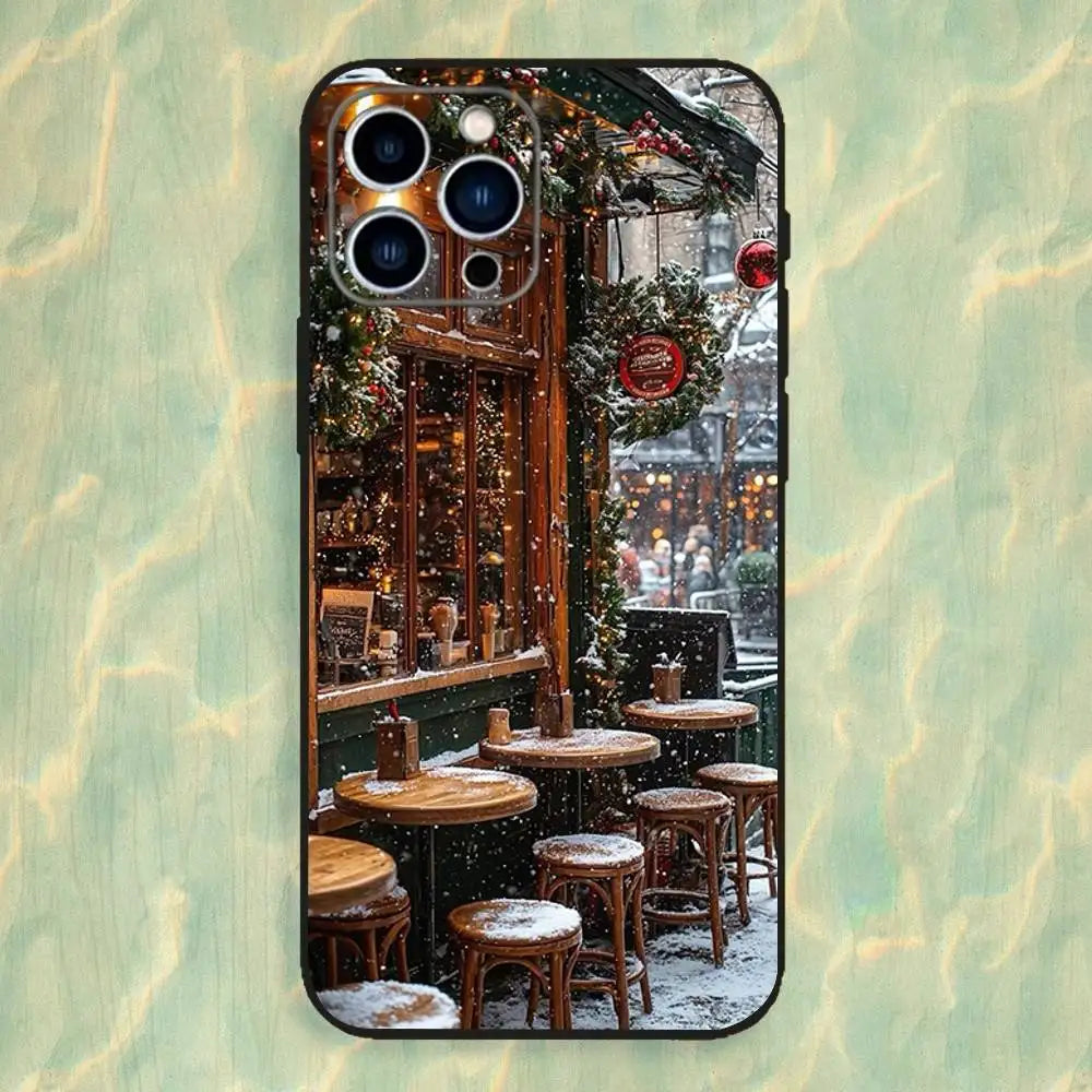 Christmas Coffee Cafe Phone Case For iPhone 16,15,14,13,12,11 Plus,Pro Max,XS,X,XR,SE,Mini,8,7,Soft Silicone Black Cover