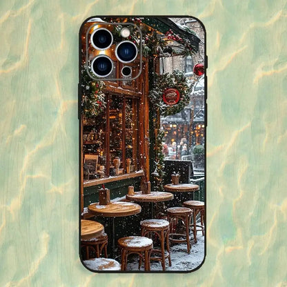 Christmas Coffee Cafe Phone Case For iPhone 16,15,14,13,12,11 Plus,Pro Max,XS,X,XR,SE,Mini,8,7,Soft Silicone Black Cover