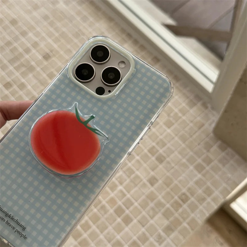 Korean Simplicity Blue grid Phone Case For iPhone 16 15 Pro 14 13 12 Pro Max Cover with Creative Tomatoe Stand Holder Cases Girl
