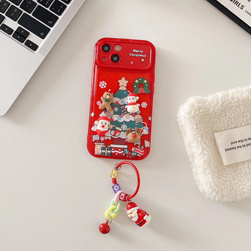 3D Christmas Stand Holder With Bell Pendant Phone Case For iPhone 17 16 15 14 13 12 11 Pro Max Plus Santa Claus Keychain Cover