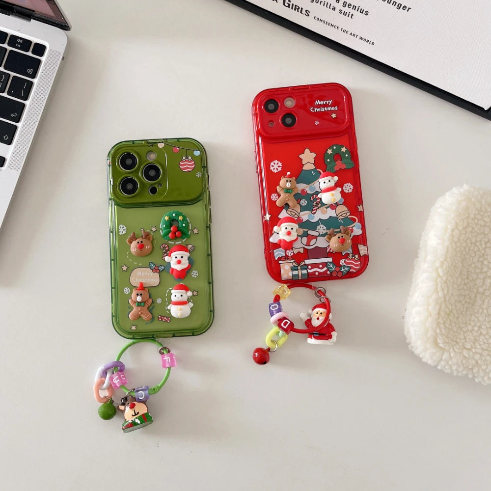 3D Christmas Stand Holder With Bell Pendant Phone Case For iPhone 17 16 15 14 13 12 11 Pro Max Plus Santa Claus Keychain Cover