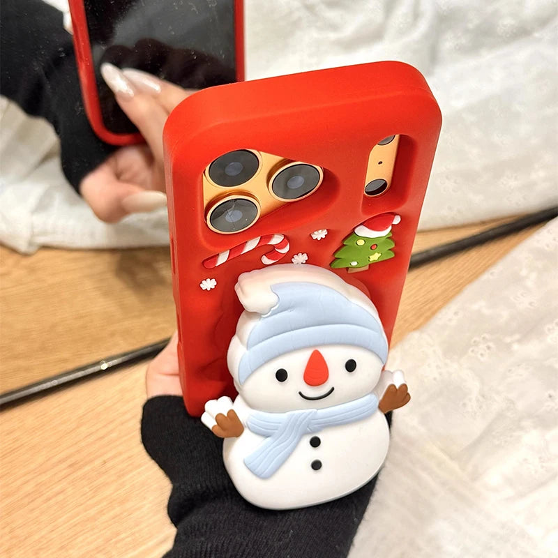 Christmas Tree Cute 3D Snowman Holder Stand Phone Case For iPhone 17 Pro Max 16 15 14 13 Air Shockproof Soft Silicone Back Cover