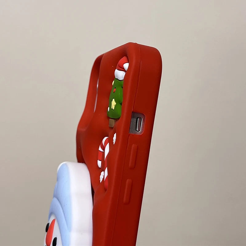 Christmas Tree Cute 3D Snowman Holder Stand Phone Case For iPhone 17 Pro Max 16 15 14 13 Air Shockproof Soft Silicone Back Cover