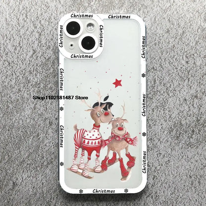Cartoon New Year Christmas Phone Case For iPhone 13 12 11 14 15 16 17 Pro Max 16Plus 17AIR Cute elk santa Clear Soft bumper Case