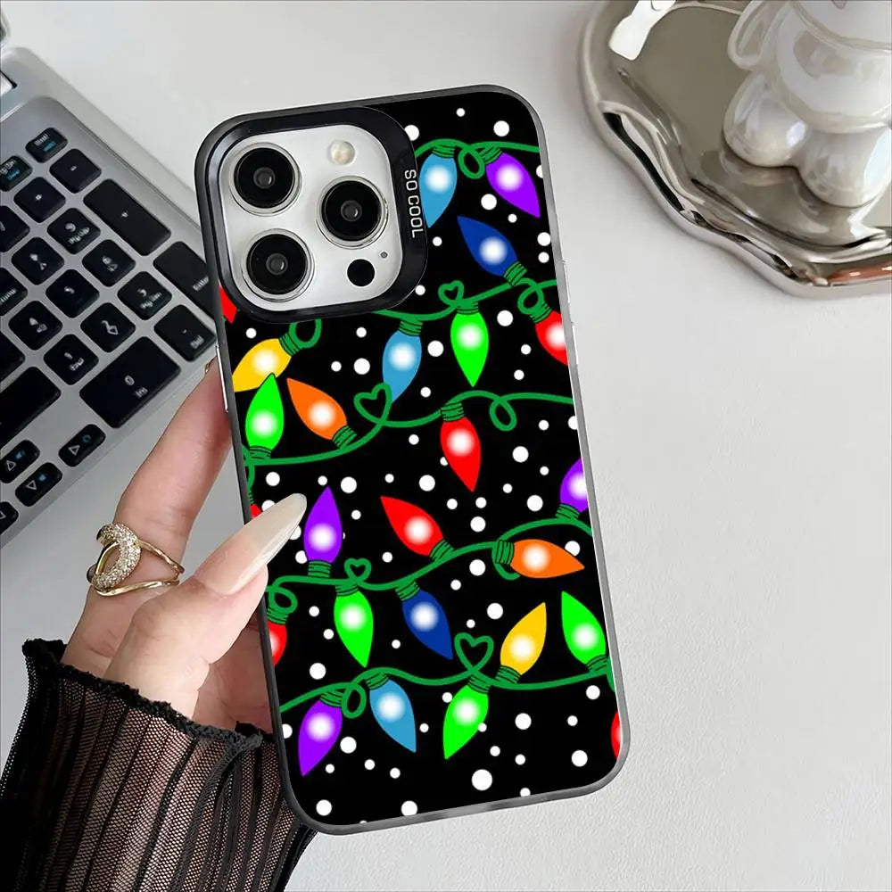 Christmas Lights Phone Case For iPhone 16 15 14 13 12 17 Pro Max Independent Metal Button Electroplating Mobile