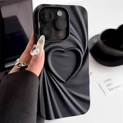 Fashion Fold Wrinkle 3D Love Heart Phone Case For iPhone 13 14 15 Pro Max 16 Plus 11 12 17 ProMax Soft Matte Silicone Full Cover