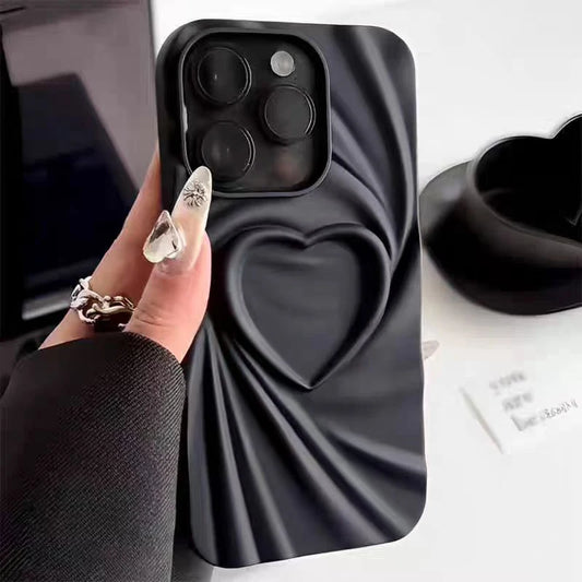 Fashion Fold Wrinkle 3D Love Heart Phone Case For iPhone 13 14 15 Pro Max 16 Plus 11 12 17 ProMax Soft Matte Silicone Full Cover