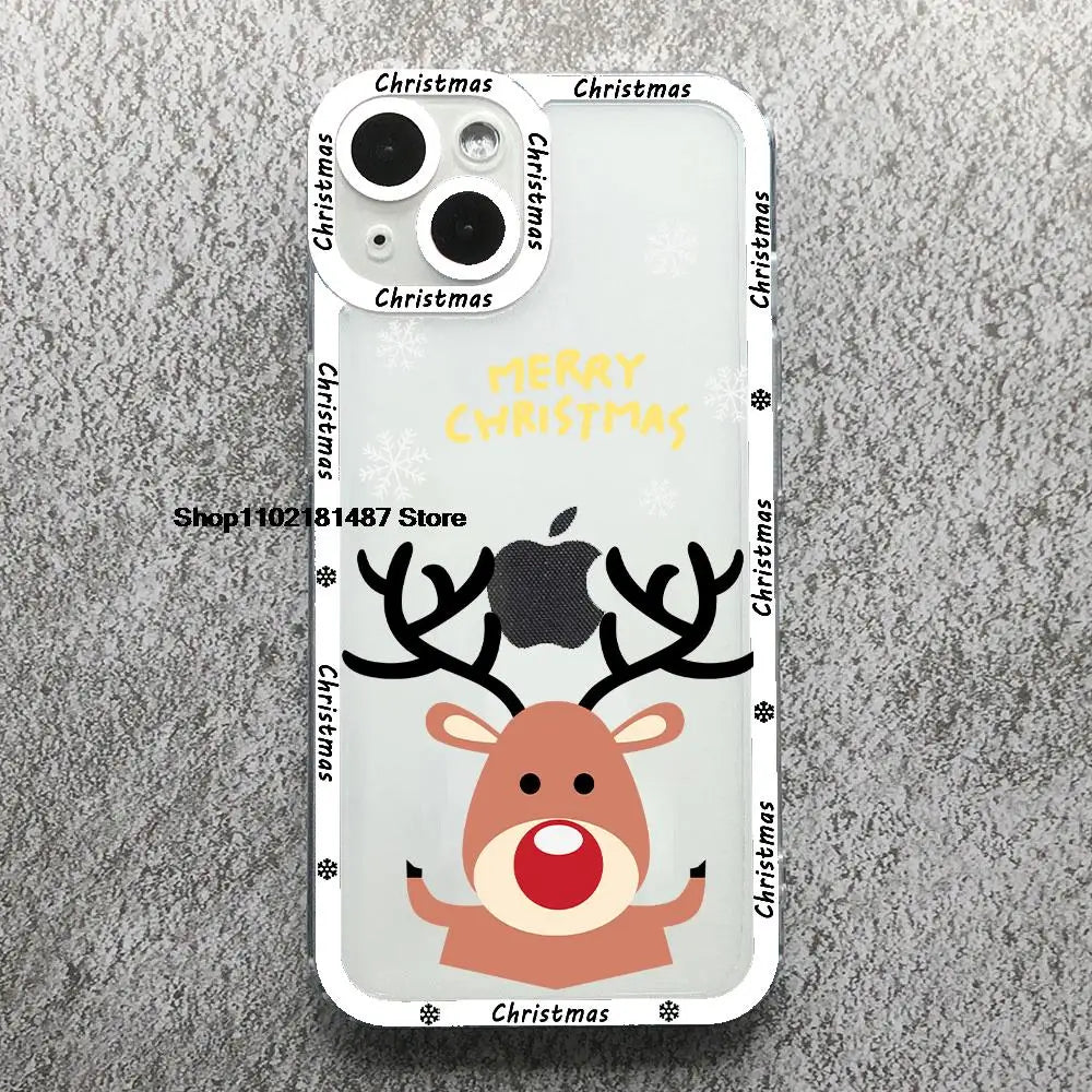 Cartoon New Year Christmas Phone Case For iPhone 13 12 11 14 15 16 17 Pro Max 16Plus 17AIR Cute elk santa Clear Soft bumper Case