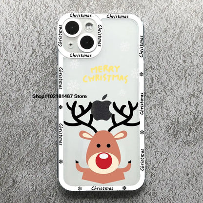 Cartoon New Year Christmas Phone Case For iPhone 13 12 11 14 15 16 17 Pro Max 16Plus 17AIR Cute elk santa Clear Soft bumper Case