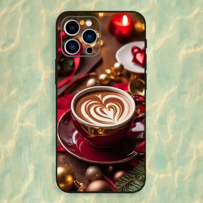 Christmas Coffee Cafe Phone Case For iPhone 16,15,14,13,12,11 Plus,Pro Max,XS,X,XR,SE,Mini,8,7,Soft Silicone Black Cover