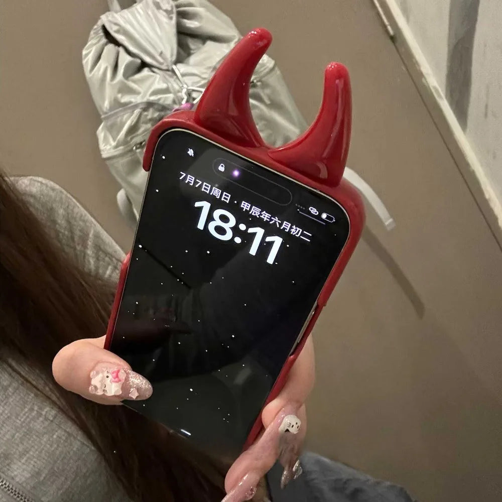 Soft Cute 3D Phone Case for IPhone15 14 13 12ProMax Anti-drop Patent Leather Down Three-dimensional Horn Shockproof Cover Cases