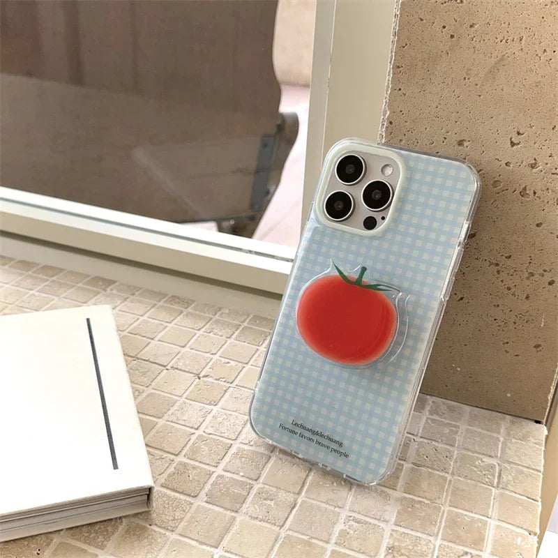 Korean Simplicity Blue grid Phone Case For iPhone 16 15 Pro 14 13 12 Pro Max Cover with Creative Tomatoe Stand Holder Cases Girl