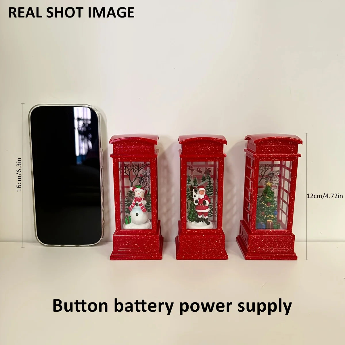 Christmas Phone Booth Decoration with Santa Claus, Snowman & Tree - Red Retro Telephone Booth Ornament With Light Home Decorator