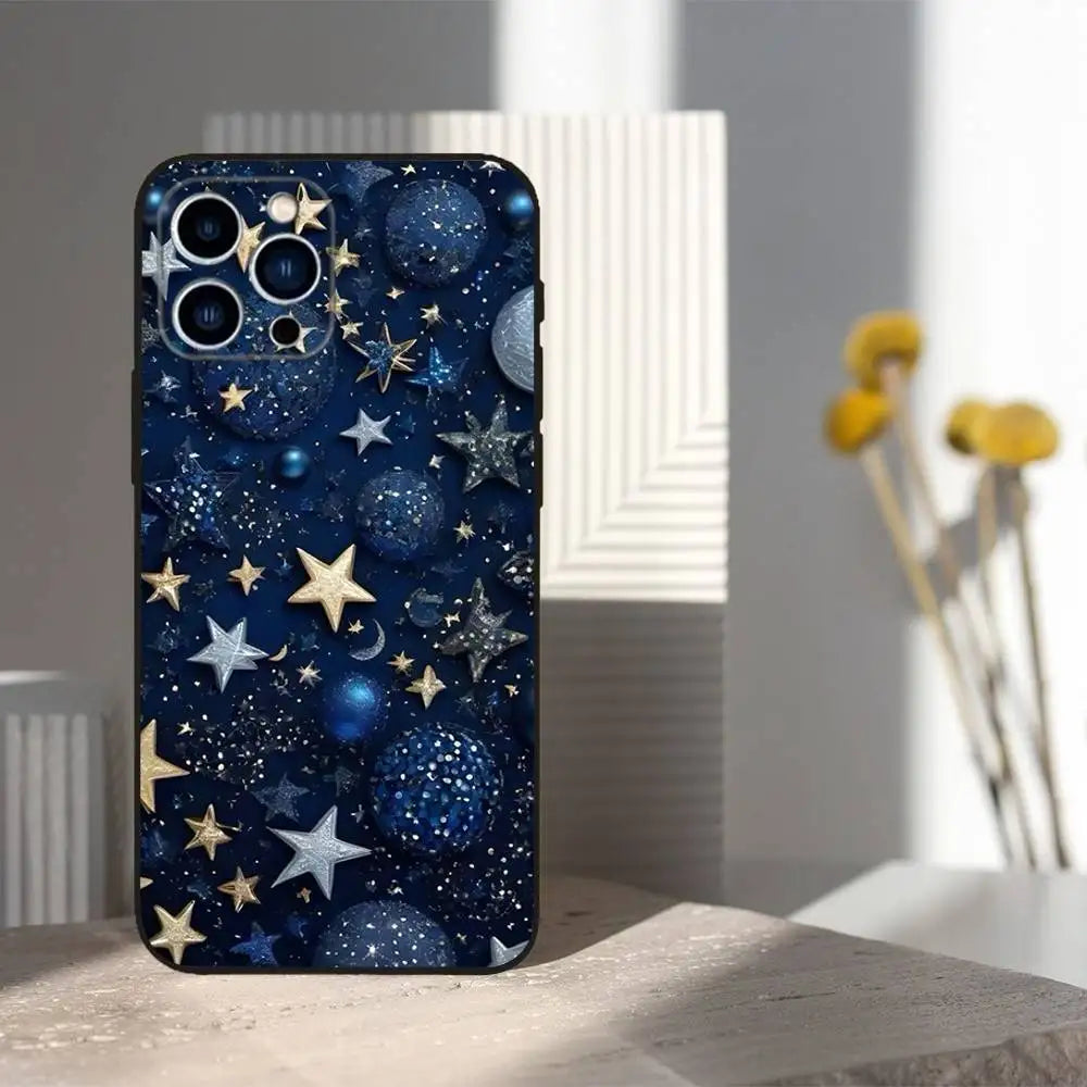 Christmas Art Decorations Phone Case For iPhone 16,15,14,13,12,11 Plus,Pro Max,XS,X,XR,SE,Mini,8,7,Soft Silicone Black Cover