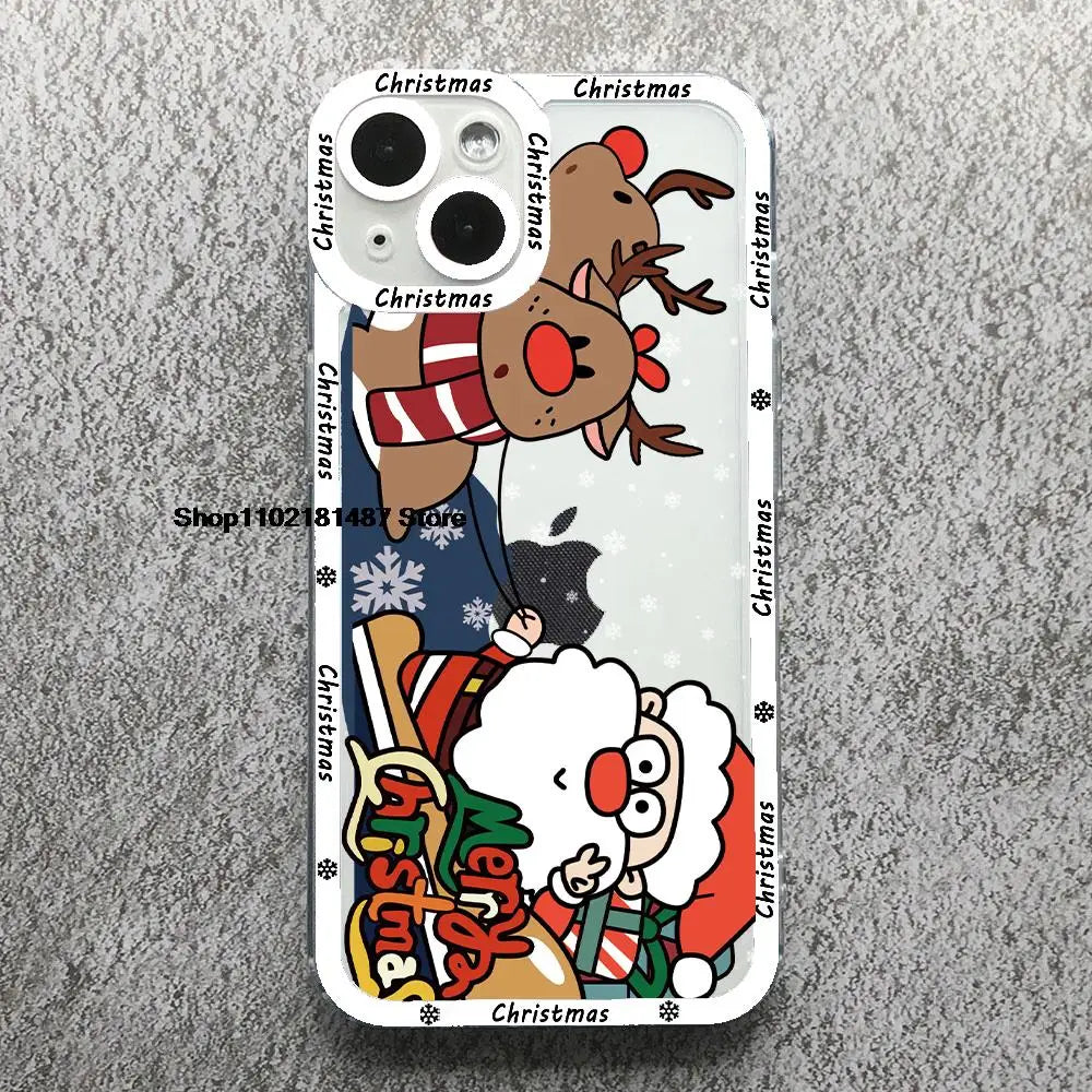 Cartoon New Year Christmas Phone Case For iPhone 13 12 11 14 15 16 17 Pro Max 16Plus 17AIR Cute elk santa Clear Soft bumper Case