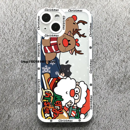 Cartoon New Year Christmas Phone Case For iPhone 13 12 11 14 15 16 17 Pro Max 16Plus 17AIR Cute elk santa Clear Soft bumper Case