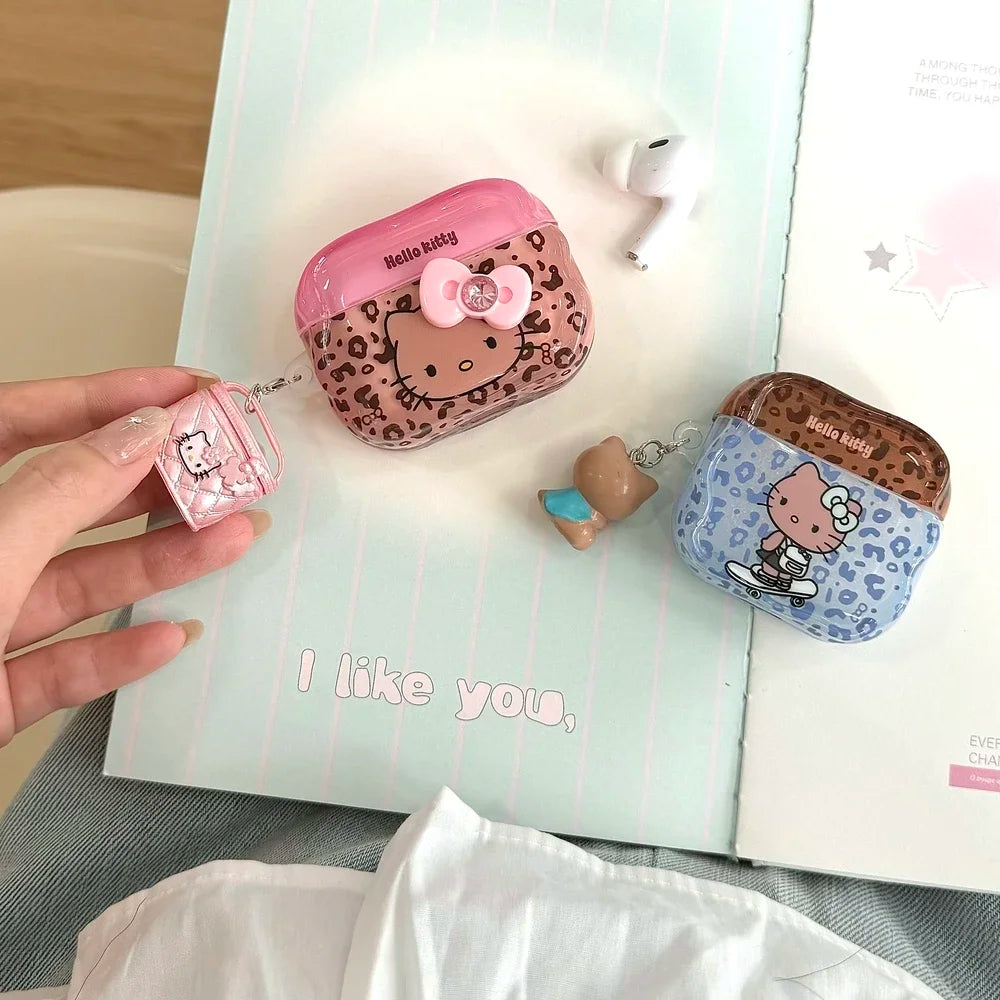 Earphone Case For Airpods 1 2 3 4 Pro 2 Cute Sanrio Hello Kitty leopard Print Wireless Bluetooth Headset Protective Soft Cover