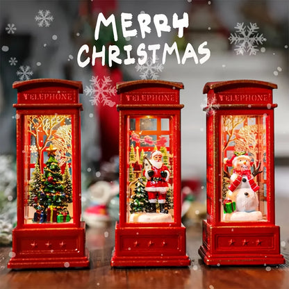 Christmas Phone Booth Decoration with Santa Claus, Snowman & Tree - Red Retro Telephone Booth Ornament With Light Home Decorator