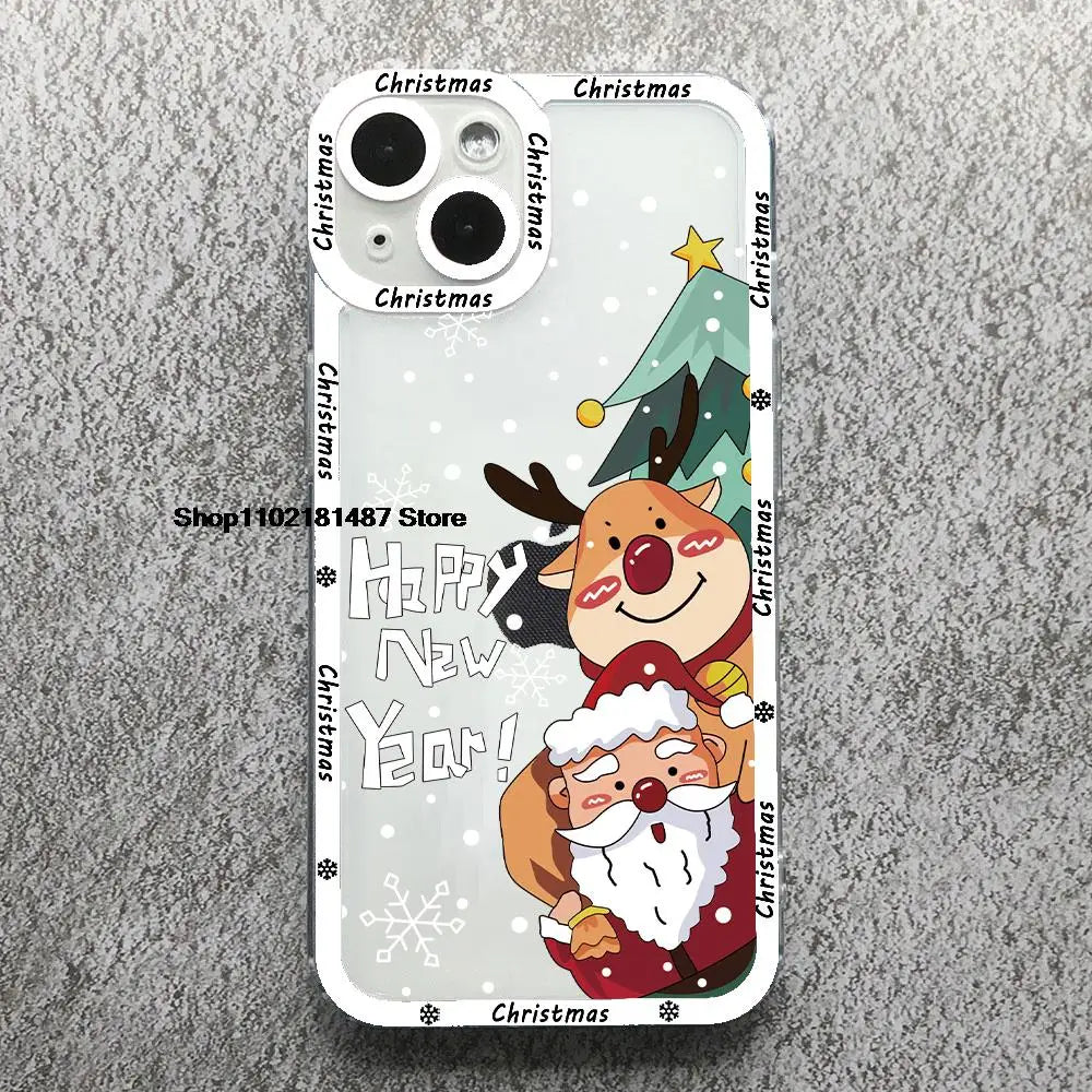 Cartoon New Year Christmas Phone Case For iPhone 13 12 11 14 15 16 17 Pro Max 16Plus 17AIR Cute elk santa Clear Soft bumper Case