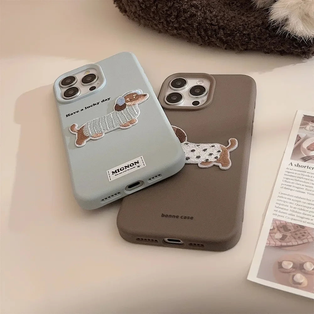 Cute Brown Blue Pink Phone Cases for iPhone 16 Plus Pro Max 15 14 13 12 Cartoon Embroidery Puppy Protective Phone Covers