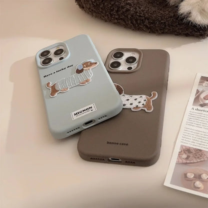 Cute Brown Blue Pink Phone Cases for iPhone 16 Plus Pro Max 15 14 13 12 Cartoon Embroidery Puppy Protective Phone Covers