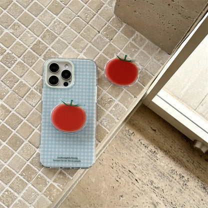 Korean Simplicity Blue grid Phone Case For iPhone 16 15 Pro 14 13 12 Pro Max Cover with Creative Tomatoe Stand Holder Cases Girl