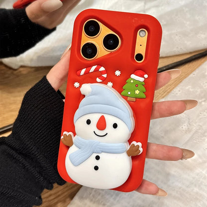 Christmas Tree Cute 3D Snowman Holder Stand Phone Case For iPhone 17 Pro Max 16 15 14 13 Air Shockproof Soft Silicone Back Cover