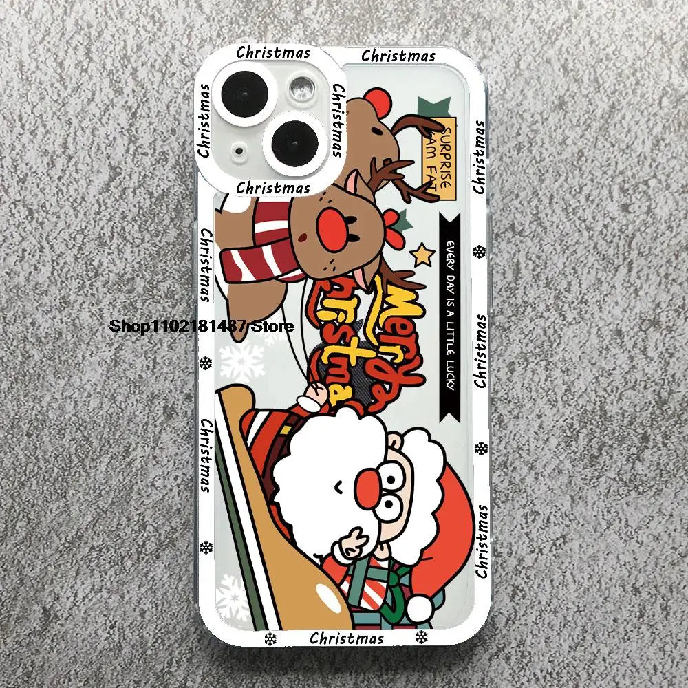 Cartoon New Year Christmas Phone Case For iPhone 13 12 11 14 15 16 17 Pro Max 16Plus 17AIR Cute elk santa Clear Soft bumper Case