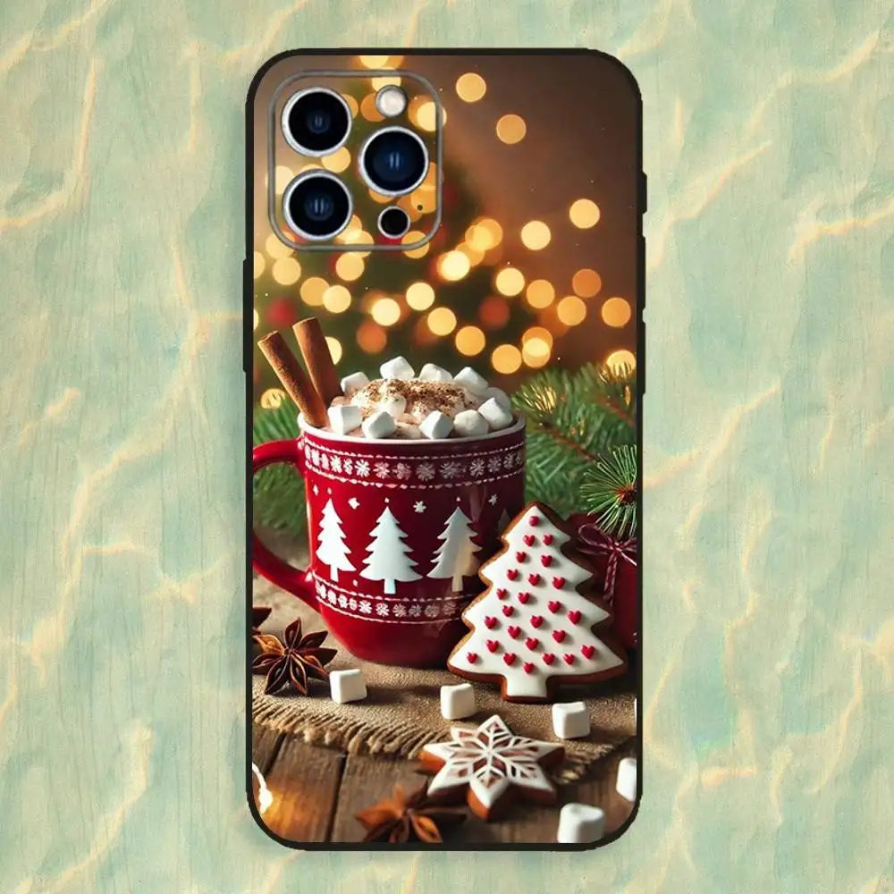 Christmas Coffee Cafe Phone Case For iPhone 16,15,14,13,12,11 Plus,Pro Max,XS,X,XR,SE,Mini,8,7,Soft Silicone Black Cover