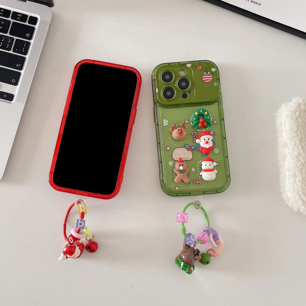 3D Christmas Stand Holder With Bell Pendant Phone Case For iPhone 17 16 15 14 13 12 11 Pro Max Plus Santa Claus Keychain Cover