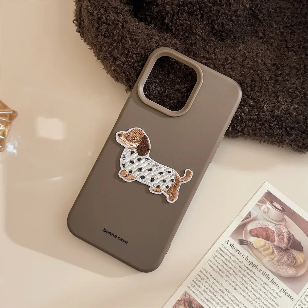 Cute Brown Blue Pink Phone Cases for iPhone 16 Plus Pro Max 15 14 13 12 Cartoon Embroidery Puppy Protective Phone Covers