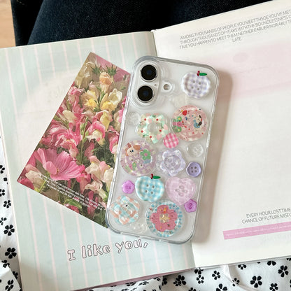 Adorable Transparent Decorated with Patterned Buttons Fun Look Phone Case for iPhone 16 15 14 13 Pro Max Back Cover Capa