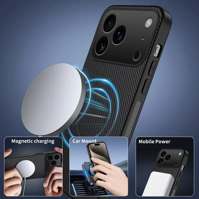 Magnetic Carbon Fiber Phone Case For iPhone 17 Pro Max 17Pro 17Air Cases For Magsafe Wireless Charge Protective Shell Back Cover