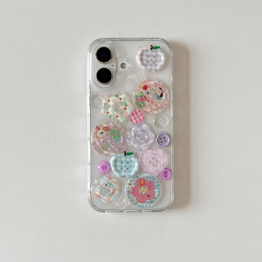 Adorable Transparent Decorated with Patterned Buttons Fun Look Phone Case for iPhone 16 15 14 13 Pro Max Back Cover Capa