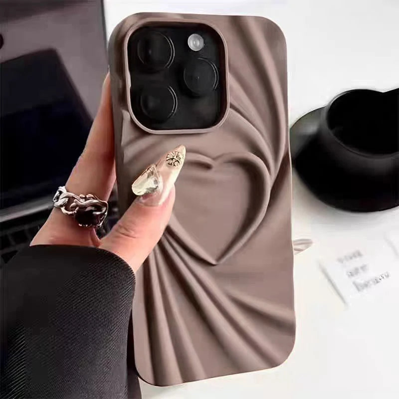 Fashion Fold Wrinkle 3D Love Heart Phone Case For iPhone 13 14 15 Pro Max 16 Plus 11 12 17 ProMax Soft Matte Silicone Full Cover