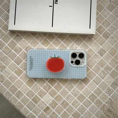 Korean Simplicity Blue grid Phone Case For iPhone 16 15 Pro 14 13 12 Pro Max Cover with Creative Tomatoe Stand Holder Cases Girl