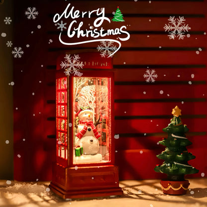 Christmas Phone Booth Decoration with Santa Claus, Snowman & Tree - Red Retro Telephone Booth Ornament With Light Home Decorator