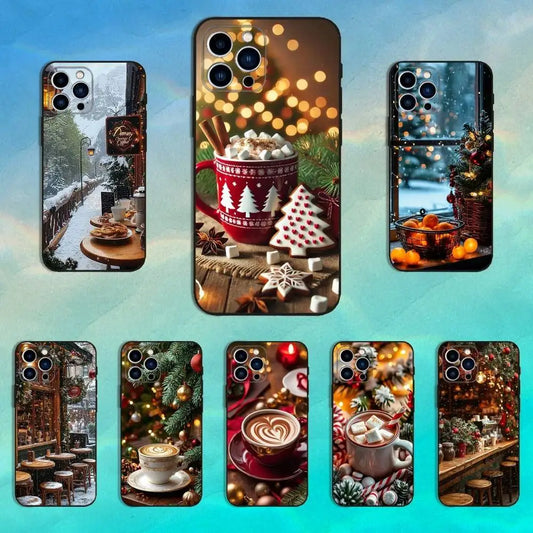 Christmas Coffee Cafe Phone Case For iPhone 16,15,14,13,12,11 Plus,Pro Max,XS,X,XR,SE,Mini,8,7,Soft Silicone Black Cover