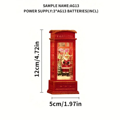 Christmas Phone Booth Decoration with Santa Claus, Snowman & Tree - Red Retro Telephone Booth Ornament With Light Home Decorator