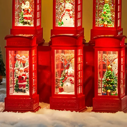 Christmas Phone Booth Decoration with Santa Claus, Snowman & Tree - Red Retro Telephone Booth Ornament With Light Home Decorator