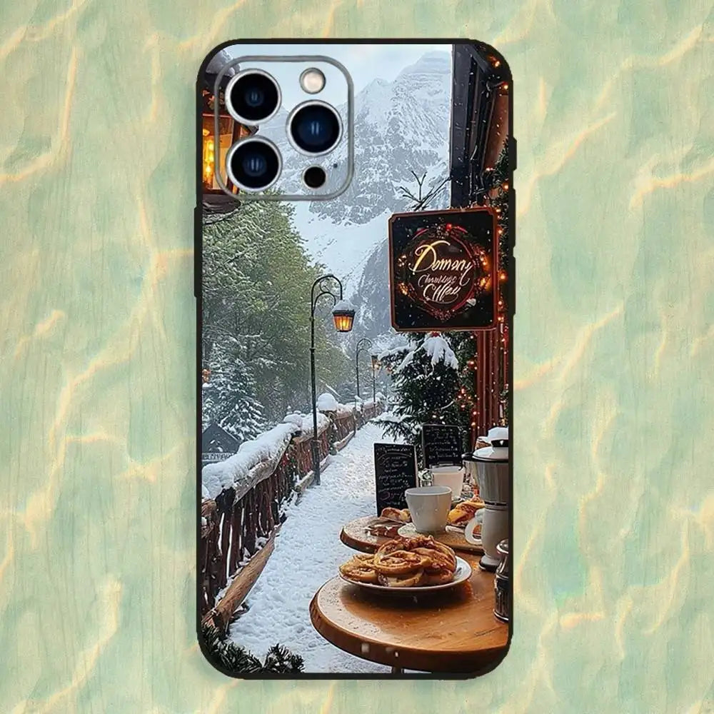 Christmas Coffee Cafe Phone Case For iPhone 16,15,14,13,12,11 Plus,Pro Max,XS,X,XR,SE,Mini,8,7,Soft Silicone Black Cover