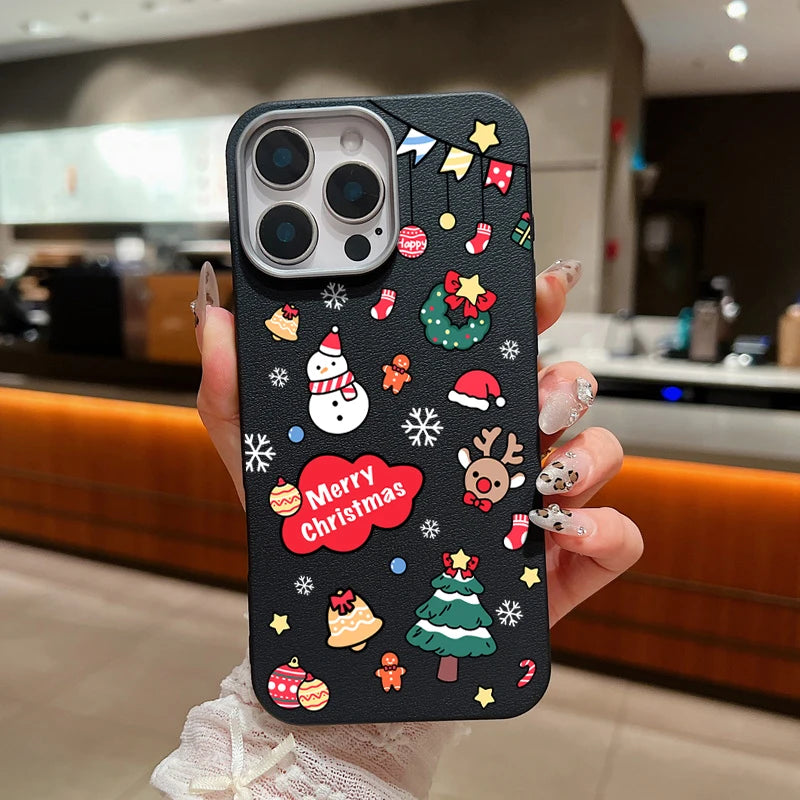 Christmas Snowman Phone Case For Magsafe For iPhone 16 15 Pro Max 14 Plus 13 12 Pro Max 11 Luxury Leather Texture Soft TPU Cover