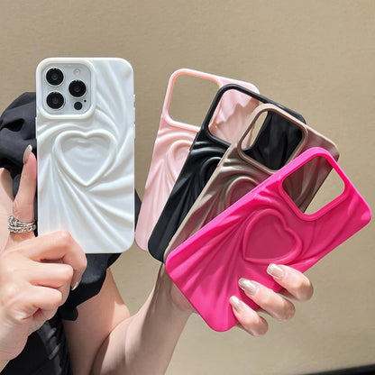 Fashion Fold Wrinkle 3D Love Heart Phone Case For iPhone 13 14 15 Pro Max 16 Plus 11 12 17 ProMax Soft Matte Silicone Full Cover