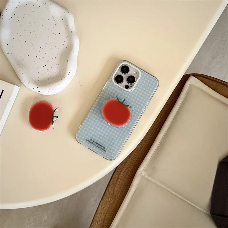 Korean Simplicity Blue grid Phone Case For iPhone 16 15 Pro 14 13 12 Pro Max Cover with Creative Tomatoe Stand Holder Cases Girl